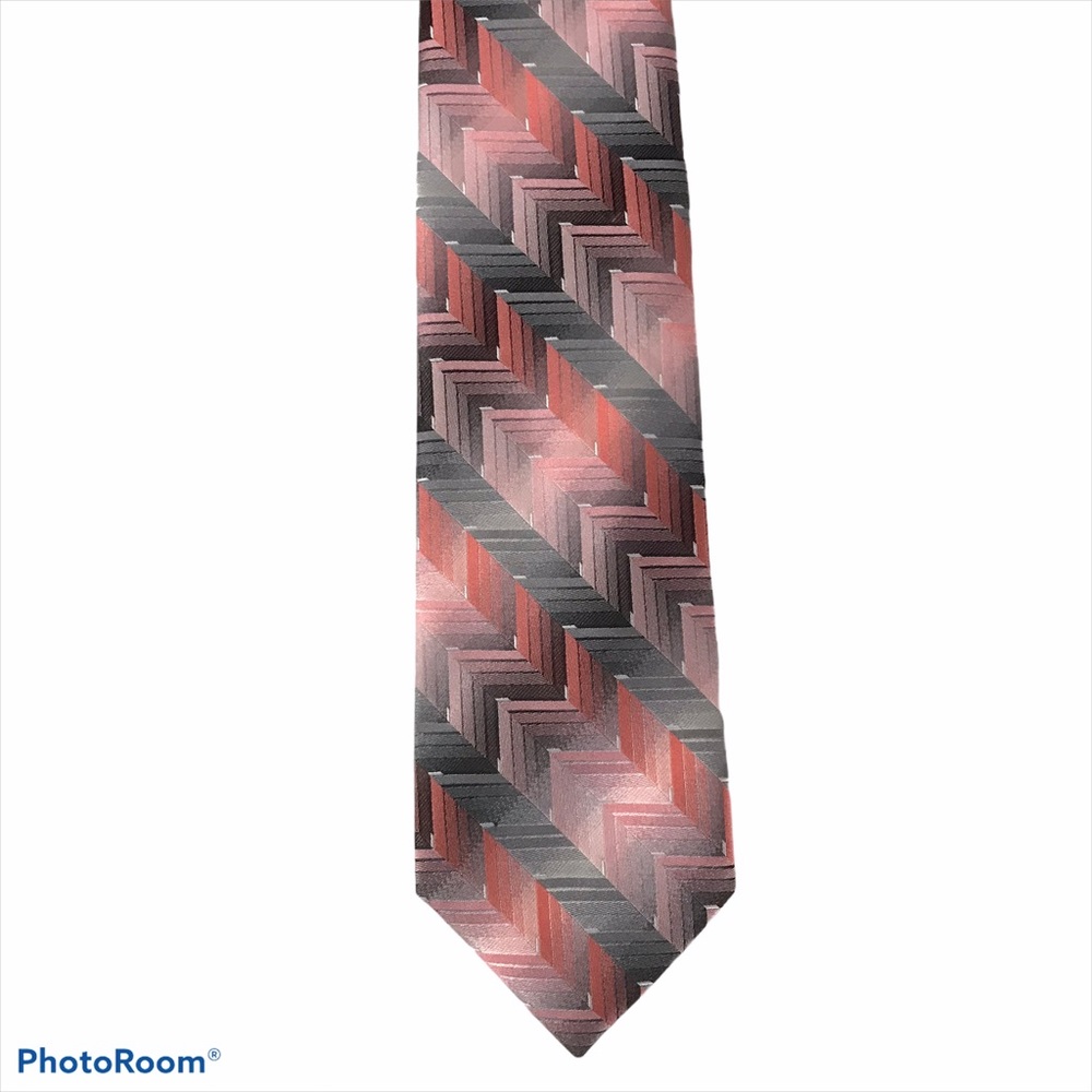 Tie Gray & Melon Geometric Pattern Polyester & Si… - image 8
